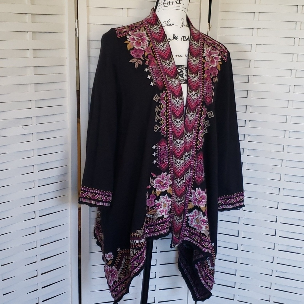 Johnny Was black open sweater cardigan with purple and pink trim embroidery S